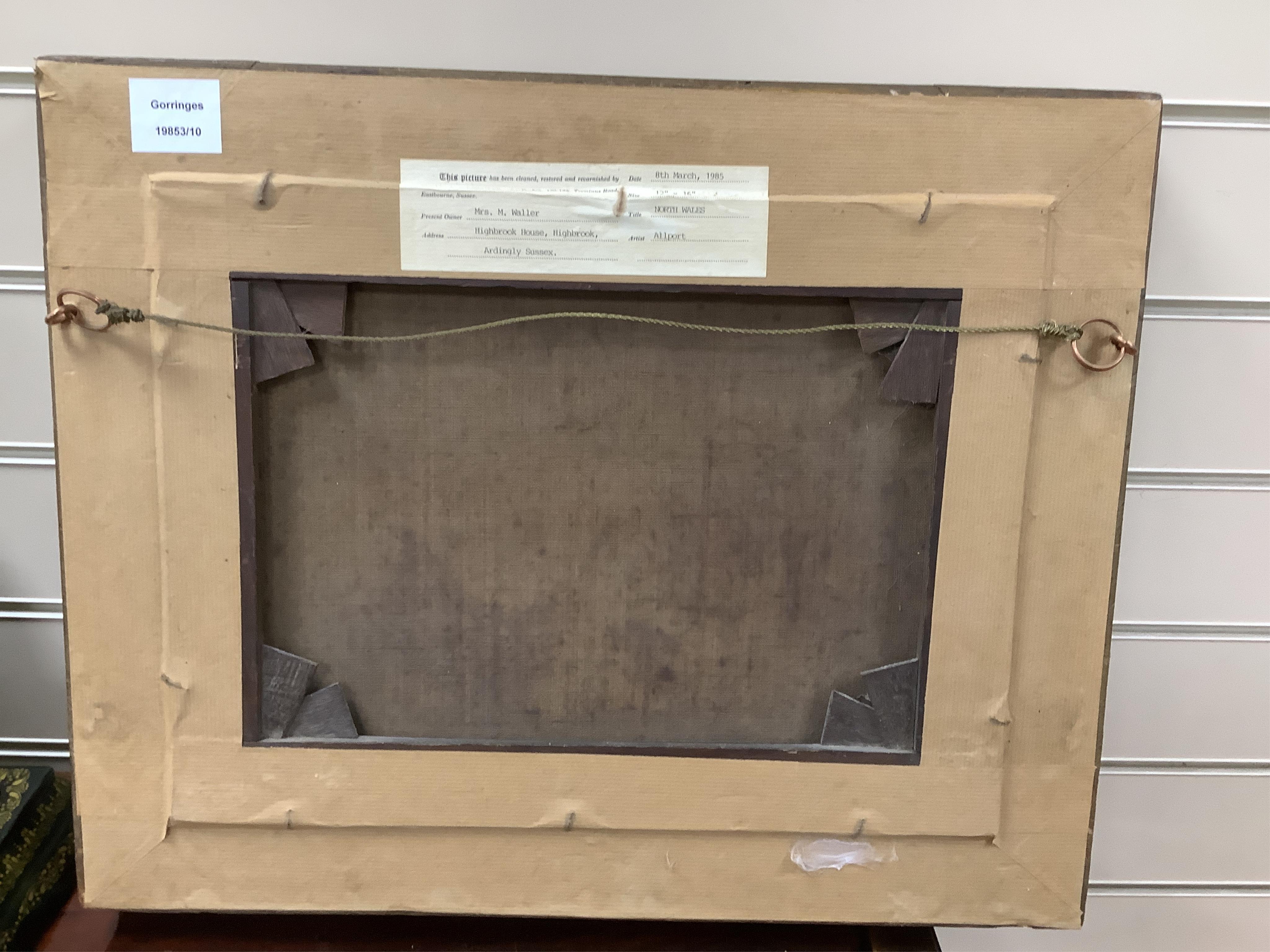 William Allport (1779-1831), Pastoral landscape with figures beside a half timbered cottage, titled 'North Wales', label verso, oil on canvas, 28 x 38cm, gilt frame